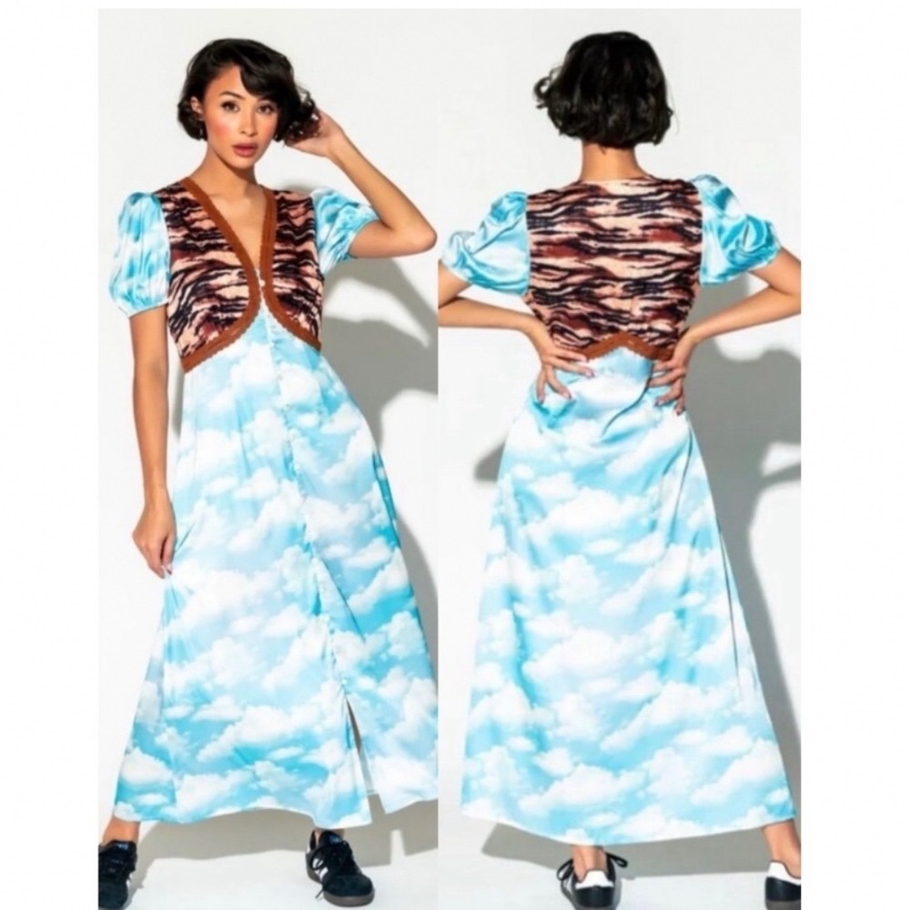 Dressed in LALA Tiger Cloud Print Maxi Dress Blue Brown Lace XL NWT
